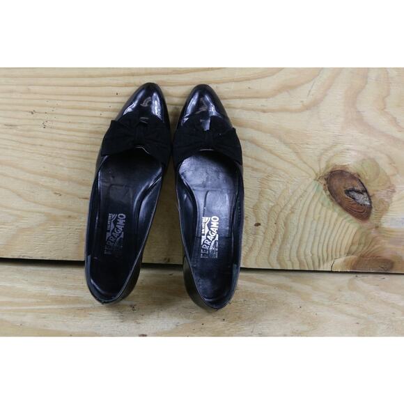 Salvatore Ferragamo Flats Black Suede 9.5 B Patent Leather Bow Slip On Shoes - Picture 4 of 9